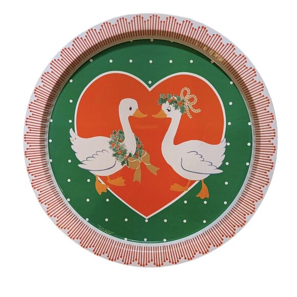 Vintage Holiday Decorations Xmas Geese Love Birds Metal Tray 1987 SNP Chicago - Picture 1 of 5